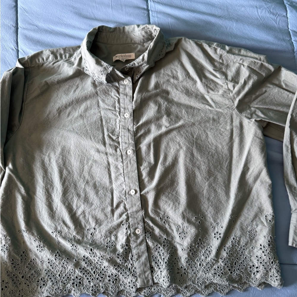 Workshop Olive Green button blouse Eyelet Details